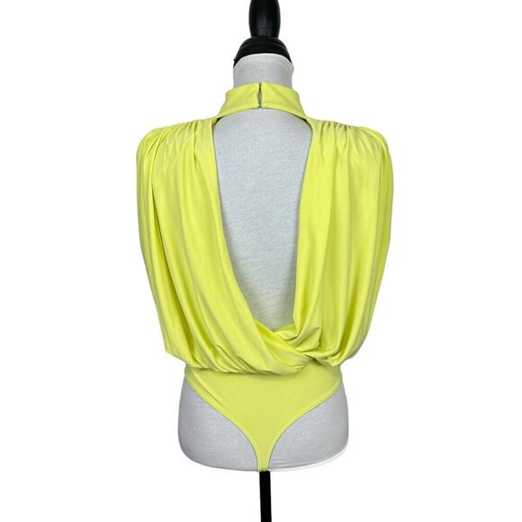 Express Neon Yellow Draped Mock Neck Open Back Thong Bodysuit w Shoulder Pads - Picture 5 of 12